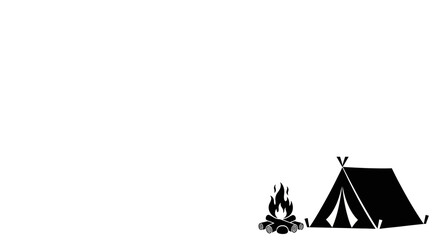 Minimalist black silhouette of a camping tent and a burning campfire icon. © Basma_Isyraq