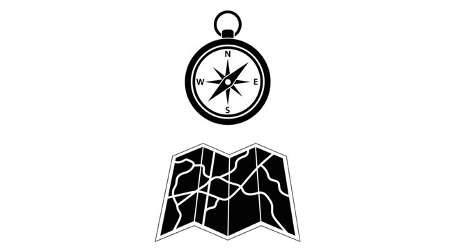 Black and white icon featuring a compass above a folded paper map.