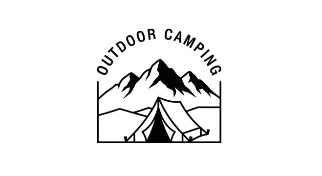 Minimalist Outdoor Camping Badge Design with Mountains and Tent Illustration.