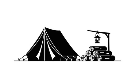 Minimalist camping tent illustration with firewood and lantern. © Basma_Isyraq