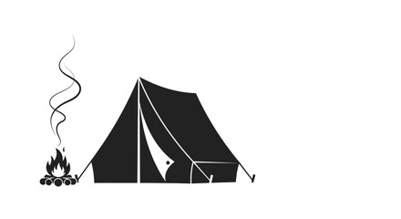 Minimalist silhouette icon of a camping tent with a burning campfire. © Basma_Isyraq