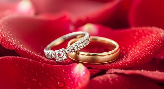 Gold and Silver Engagement Rings on Wet Red Rose Petals