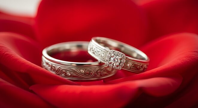 Elegant Silver Wedding Rings on Vibrant Red Rose Petals