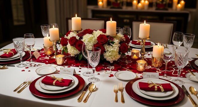 Luxurious Romantic Dinner Table Setting with Candles and Red Roses