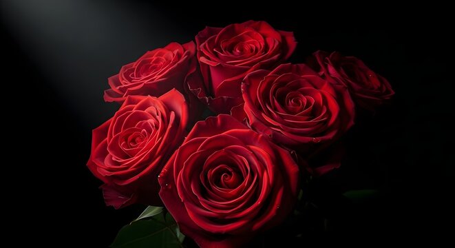 Elegant bouquet of vibrant red roses in dramatic spotlight against black background