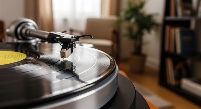 Close-up of a turntable tonearm and needle playing a vinyl record, reflecting soft room light, for music lovers
