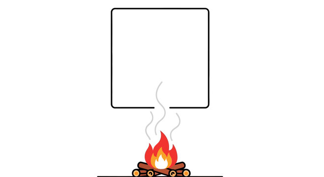 Cartoon bonfire with empty white square speech bubble.