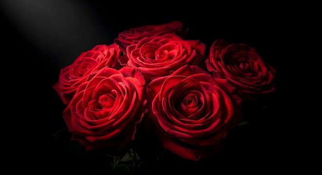 Close up of red roses arrangement with moody low light and soft shadows on dark background