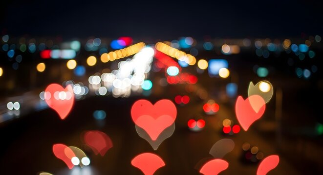 Colorful Heart Shaped Bokeh Lights in Glowing Night City Traffic
