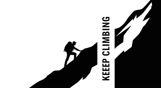 Silhouette of a lone hiker climbing a steep mountain peak with motivation text.