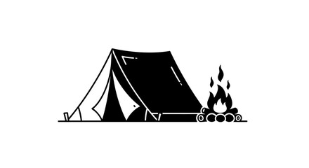 Minimalist black and white camping tent with campfire icon illustration. © Basma_Isyraq