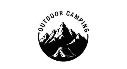 Vintage outdoor camping emblem with mountain peaks and tent illustration. © Basma_Isyraq