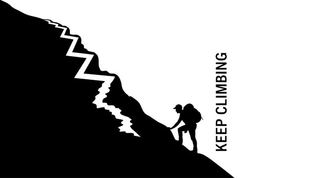 Silhouette of a lone hiker climbing a steep mountain path with motivational text.