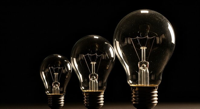 Three clear glass light bulbs of varying sizes lined up against a dark backdrop, symbolizing ideas and growth.