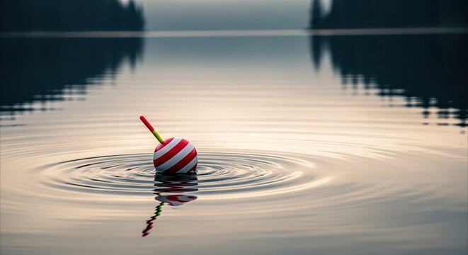 Red and white fishing bobber floating on calm lake water with ripples and reflections, soft overcast light
