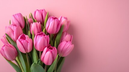 Fototapeta premium Fresh Pink Tulips Bouquet Against Soft Pink Background