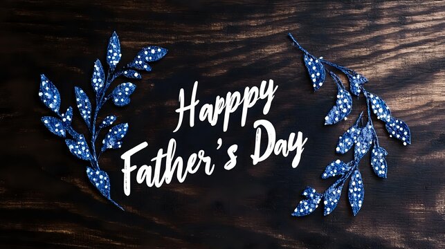 Happy Father's Day greeting on dark rustic wooden background with blue decorative floral branches, white handwritten text for holiday card design.