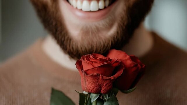 A man is smiling as he holds a red rose in front of his face. This takes place indoors in a well-lit area. The rose is bright and looks fresh. The man seems happy
