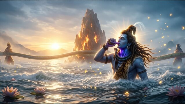 Shiva Neelkantha Samudra Manthan &ndash; Cosmic Ocean Mythology Illustration