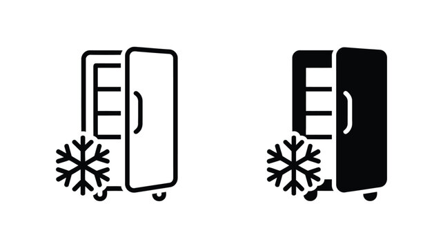 Refrigerator freezer icon set, vector collection of fridge symbols with cooling snowflake in outline and solid styles for kitchen appliances, food storage, and household design