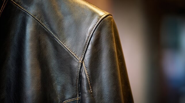 Close-up of a black leather jackets shoulder, highlighting the stitching detail.