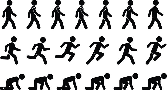 Minimalist black vector illustration showing sequential human silhouettes walking running and crawling across the digital canvas