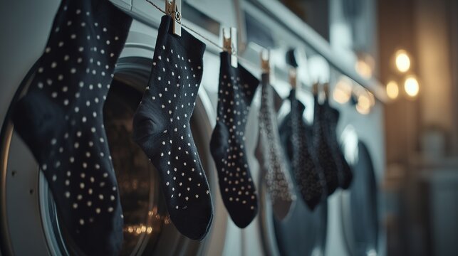 Black Polka Dot Socks Hanging in Laundry Room