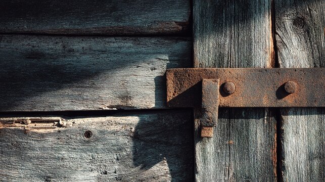 Rusty Hinge on Weathered Wooden Door