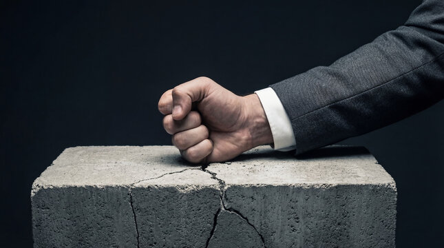 Man punching concrete block breaking it with fist. Concept of professional burnout, career limitation and business struggle. Aggression and anger in workplace or financial crisis.