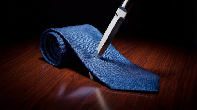 Sharp knife pinning blue necktie to wooden desk. Metaphor for office betrayal and corporate backstabbing. Business risk, workplace danger and intense career difficulty concept visualization.