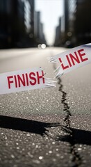 Naklejka premium Torn finish line ribbon on cracked asphalt road, symbolizing end of competition or challenge, with copy space