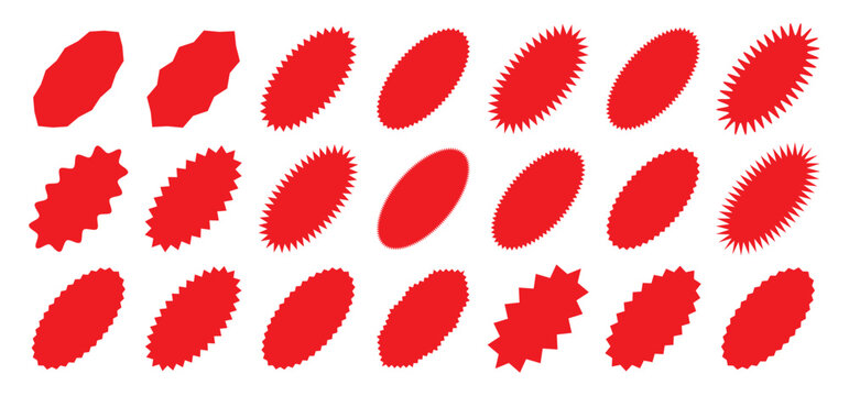Set of red color stickers for sale, price tag, starbursts, quality mark, sunburst icons, retro stars. Modern Swiss style elements, shapes, stars, flowers, circles