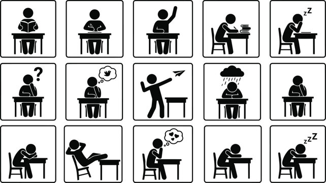 A collection of vector icons showing various student activities and classroom behaviors in a simple style.