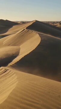 Vertical video: Filming, camera moving along crescent ridge in desert revealing ripples and shadows