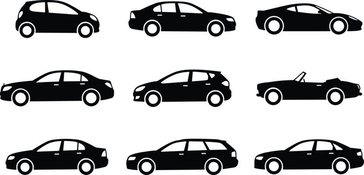 Car Silhouette Icon Set with Sedan Hatchback Coupe Convertible and Wagon Vehicles Collection in Black Minimal Style