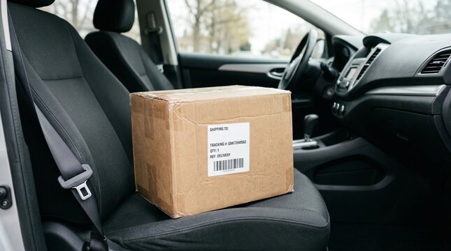Delivery box on passenger seat of a car during daytime  