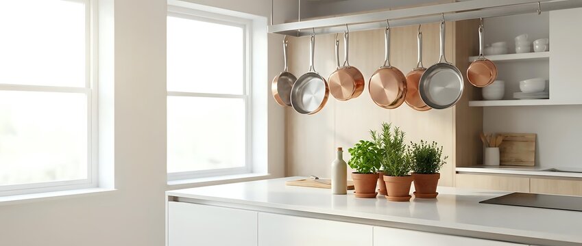 Modern white kitchen interior with copper pots hanging from rail, fresh herbs in terracotta planters on marble countertop, natural sunlight streaming through window.