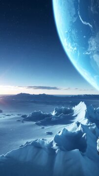 Vertical video: Gliding camera nearing ice ridge on icy plain as glow rising revealing blue planet