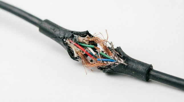 Damaged electrical cable with exposed wires and insulation  