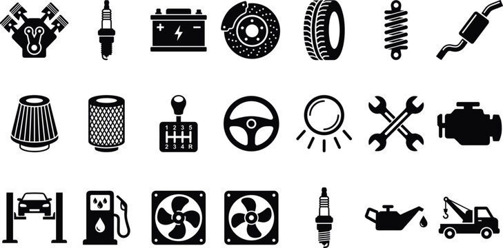Automotive Parts and Service Icon Set with Engine Battery Tire Brake Filter Gear Shift Tools and Car Maintenance Symbols