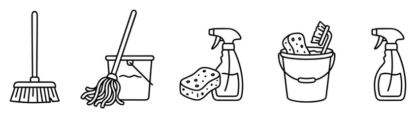 cleaning supplies icons set, broom mop bucket sponge spray bottle and brush outline vector collection isolated on transparent background © Kateryna