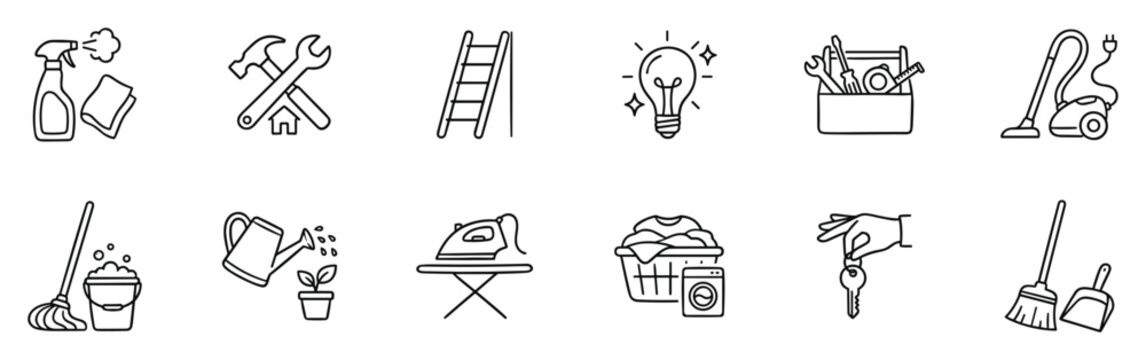 home maintenance and cleaning service icons, spray vacuum mop broom bucket ladder tools and repair symbols outline vector set isolated on transparent background
