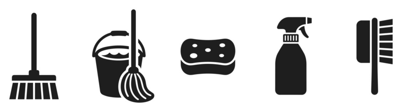 cleaning equipment icons set, broom mop bucket sponge spray bottle and brush solid silhouette vector collection isolated on transparent background