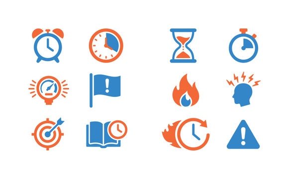 Collection of icons representing time management, deadlines, and urgent tasks
