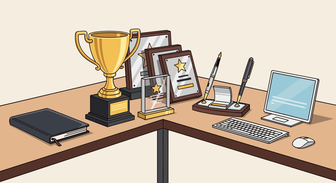 Desk with office supplies and awards on a brown surface