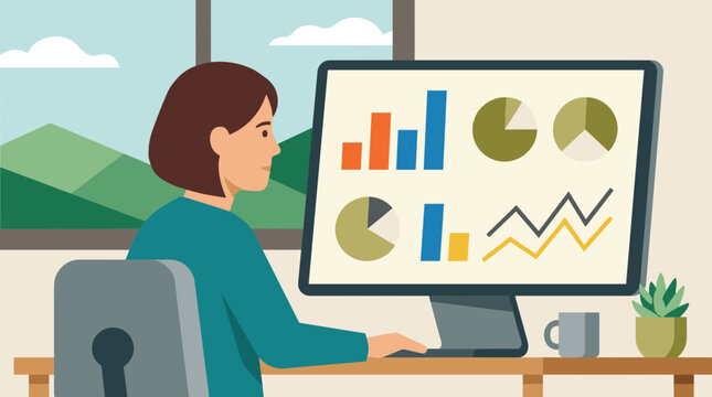 Woman sitting at desk in front of computer with graphs on screen