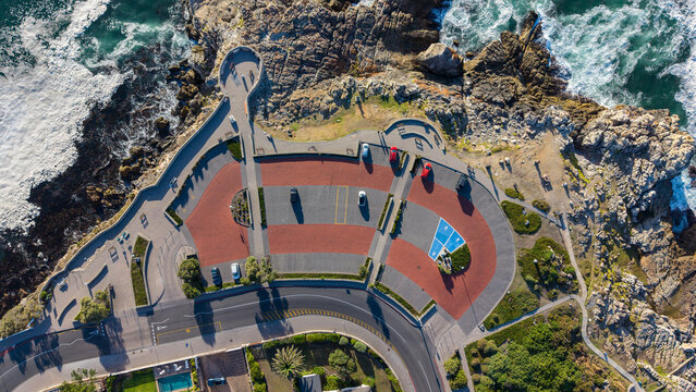Hermanus, South Africa - January 19, 2026: Hermanus town center captured from above on a sunny summer day, coastal urban scenery with holiday atmosphere and bright natural light.