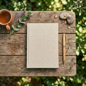 mindfulness routine, wellness journal and pen arranged neatly on a wooden table outdoors