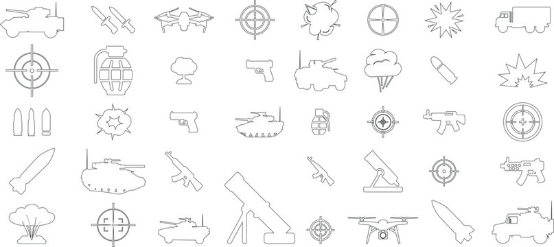 Military weapon icon set collection group, army war equipment, gun rifle missile tank grenade symbols, combat defense icons in black flat and line style vector, battlefield technology symbol pack