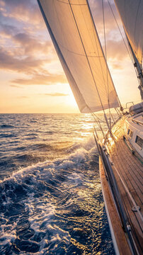 Luxury sailing yacht cruises through the deep blue sea at golden sunset, waves splashing against the wooden deck, white sails filled with wind. Perfect for travel and leisure themes